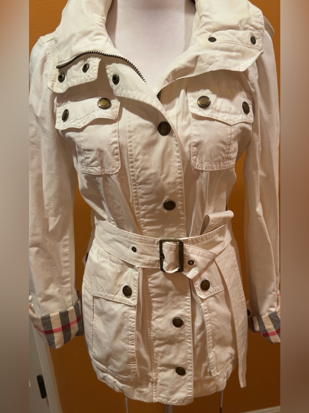 Burberry | White Cotton Belted Trench Coat Classic Check Accents Women’s Small